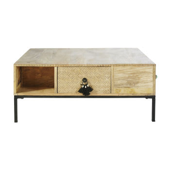 Iroquois - Tavolino da salotto quadrato a 4 cassetti in legno massello di mango e metallo nero
