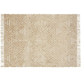 ISAE - Tapete kilim em tecido de juta e algodão reciclado, motivos geométricos brancos e beges com franjas 160x230