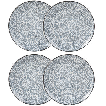 ISCHIA - Set aus 4 - Flacher Teller aus Steinzeug, weiß mit blauen Grafikmustern