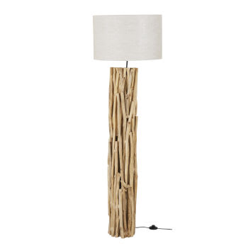 JARLOW - Stehlampe aus Regenbaumholz mit Lampenschirm aus Jute, H165cm