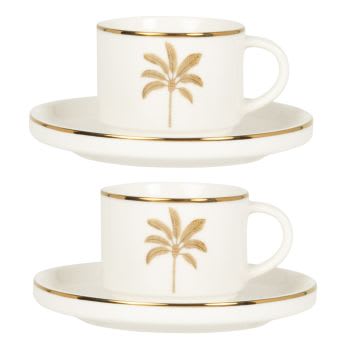 Set aus 2 - Kaffeetasse und Untertasse aus Porzellan mit Palmenmotiv, weiß, gold und braun