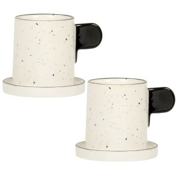 ULURU - Set aus 2 - Kaffeetasse und Untertasse aus Steingut, weiß und schwarz