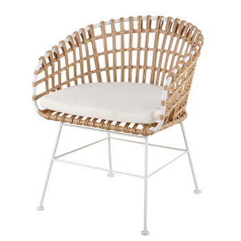 Kanpur - Cadeira de jantar de jardim em imitação de rotim de resina reciclada e tecido branco