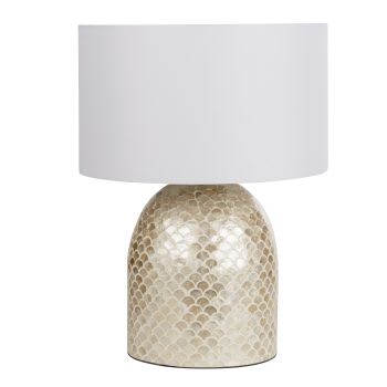NACREA - Lamp van verguld parelmoer en bamboe met linnen lampenkap, wit