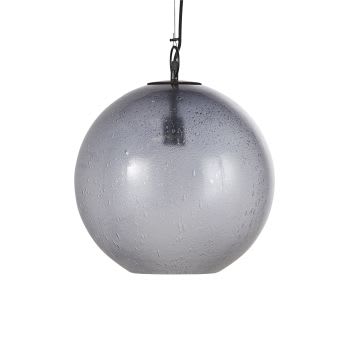 Lampada a sospensione con paralume in vetro fumé con bolle e supporto in metallo nero alt. 45 cm