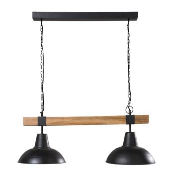 Lampada a sospensione doppia in metallo nero e legno di mango