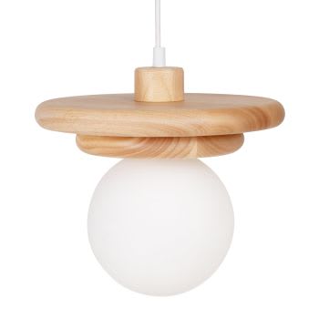 PEIGROS - Lampada a sospensione in legno di hevea con globo opaco