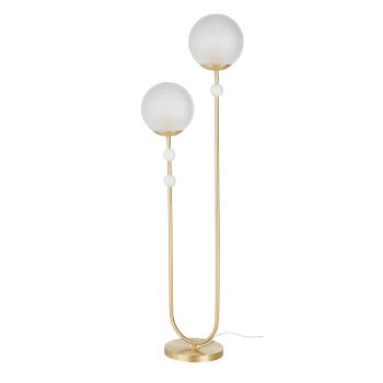 Lusia - Lampadaire 2 globes en verre dépoli, métal doré et marbre H160