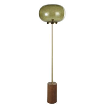 Lampadaire en bois d'hévéa, métal doré et globe en verre martelé vert H150