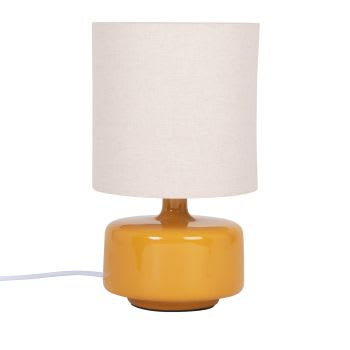 Junha - Lámpara de cerámica amarilla con pantalla de algodón color crudo