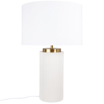 Vigo - Lámpara de cerámica estriada blanca y metal dorado con pantalla en poliéster reciclado blanca