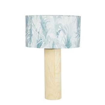 Lámpara de madera de alianto con pantalla de algodón con estampado de hojas en azul