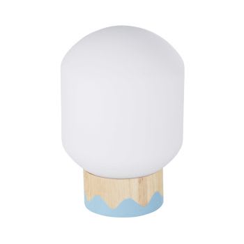 MADRID - Lámpara de madera de hevea en azul y beige con bola de cristal opaco