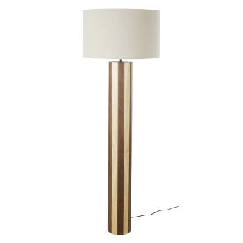 ROUBLY - Lámpara de pie de madera de hevea y acacia bicolor con pantalla de lino beige Alt. 160