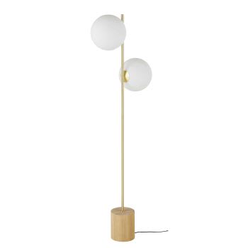 NASH - Lámpara de pie de metal dorado y madera de hevea con 2 bolas opalinas Alt. 166