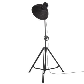 Lámpara de pie trípode estilo industrial de metal negro con pantalla orientable de madera de mango Alt. 147