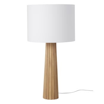 Lampe aus geriffeltem Eichenholz mit Lampenschirm aus weißer Baumwolle