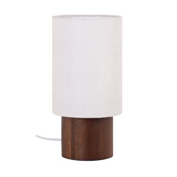 TARA - Lampe aus Kautschukholz mit Lampenschirm aus beigem Leinen
