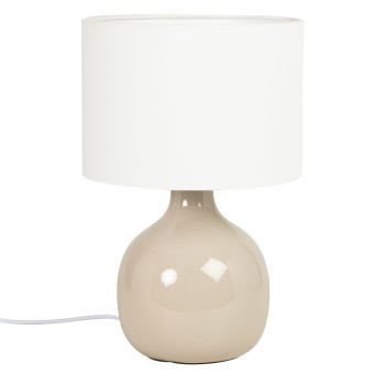 Marcelle - Lampe aus taupefarbener Keramik mit weißem Lampenschirm