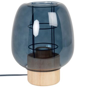 ABBADIA - Lampe en bois d'hévéa et verre soufflé bleu
