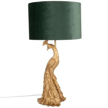 Paonia - Lampe paon doré et abat-jour en velours vert