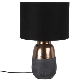 LANDAS - Bruine en antracietgrijze lamp uit keramiek met zwarte linnen lampenkap