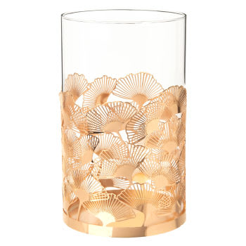 Laterne aus getöntem Glas mit Ginkgo-Blättern aus goldenem Metall