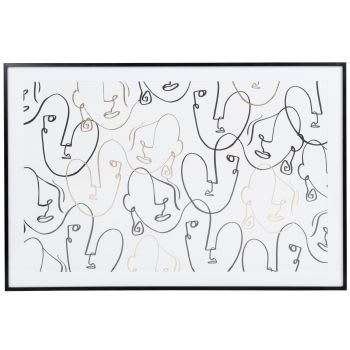 CRUZA - Lienzo pintado y estampado con rostros abstractos negros y blancos 62 x 41