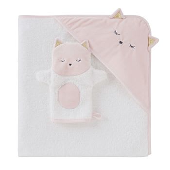 LILA - Babybadetuch aus Baumwolle, weiß mit Katzenkopf 80x80