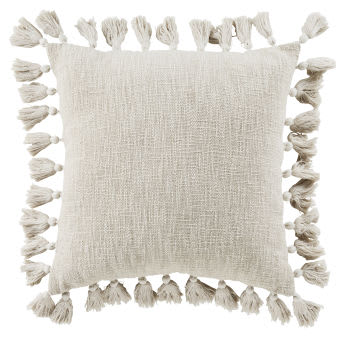 LIMANA - Gewebtes Kissen aus recycelter Baumwolle mit Pompons, beige, 50x50cm