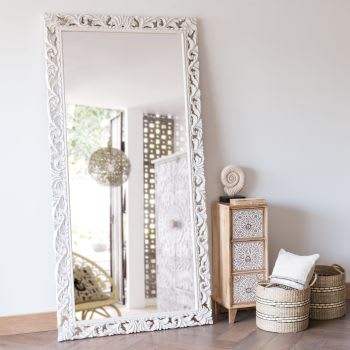 LOMBOK - Grand miroir rectangulaire en bois de manguier sculpté blanc 90x180