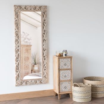 LOMBOK - Spiegel mit geschnitztem Mangoholzrahmen 54x130