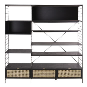Loreto - Bücherregal/TV-Möbel mit 3 Türen aus schwarzem Metall und Rattangeflecht