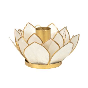LOTUS - Witte en vergulde metalen kaarsenhouder met parelmoer in de vorm van een lotusbloem