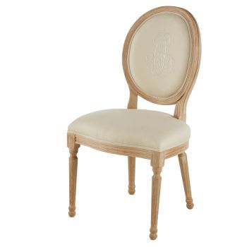 Louis - Chaise médaillon brodé en lin beige et bois de frêne massif