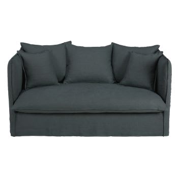 Louvain - 2-Sitzer-Sofa mit Bezug aus anthrazitfarbenem gewaschenem Leinen