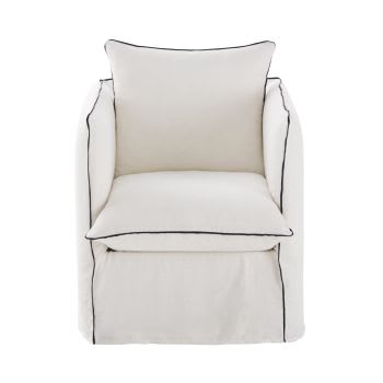 Louvain - Witte fauteuil van gekreukt linnen met zwarte volants