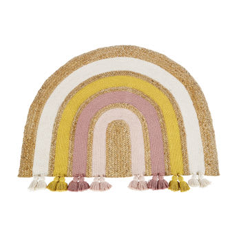 MALAGA - Tapete infantil com forma de arco-íris em juta e algodão multicolor com pompons 75x100