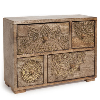 Mandala - Caixa com 4 gavetas de madeira de manga com motivos dourados