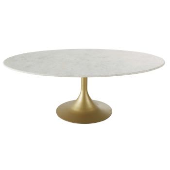 Manisa - Mesa baja ovalado de mármol reconstituido blanco y metal color latón