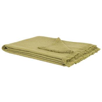IRAJA - Manta em tecido de algodão e em relevo com franjas verde-azeitona lisa 170x130