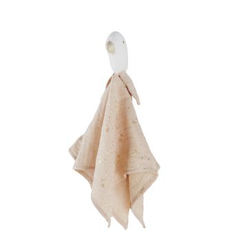 OIA - Mantita apego con pájaro en gasa de algodón orgánico blanco, beige y rosa