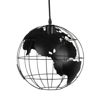 Map Monde - Suspension industrielle globe terrestre en métal filaire noir ajouré
