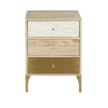 MARGUETI - Petit meuble de rangement 3 tiroirs, marron, blanc et doré
