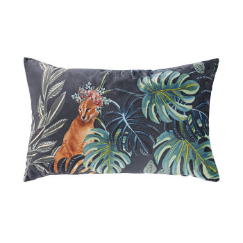 MARZANA - Cuscino in suédine blu con stampa animale e foglie, 30x50 cm