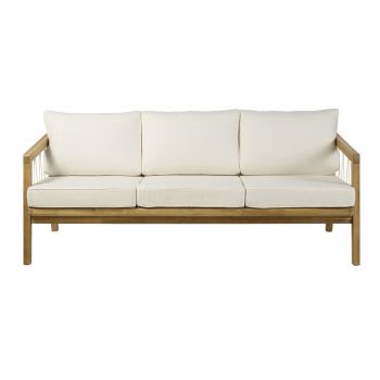 Matoury - 3-Sitzer-Garten-Sofa aus massivem Akazienholz und Schnurgeflecht mit ecrufarbenen Kissen aus recyceltem Stoff