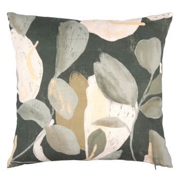 MAURES - Fodera per cuscino in lino stampato con motivo vegetale verde oliva ed écru 40x40 cm