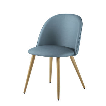 Mauricette - IJsblauwe vintage stoel uit metaal met eikenhouteffect