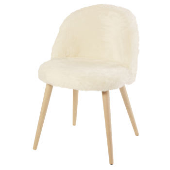 Mauricette - Vintage stoel van ivoorkleurig imitatiebont en berkenhout