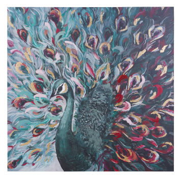 PEACOK - Meerkleurig bedrukt en beschilderd doek met pauw, 110 x 110 cm